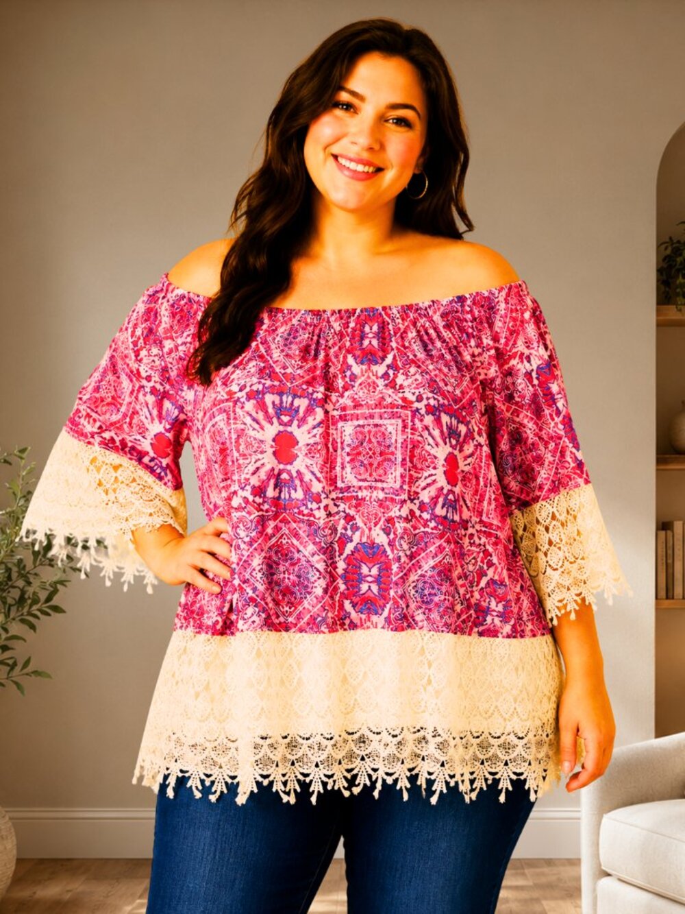 Rouge Collection 2X Pink Paisley Off Shoulder Crochet Lace Boho Blouse Plus